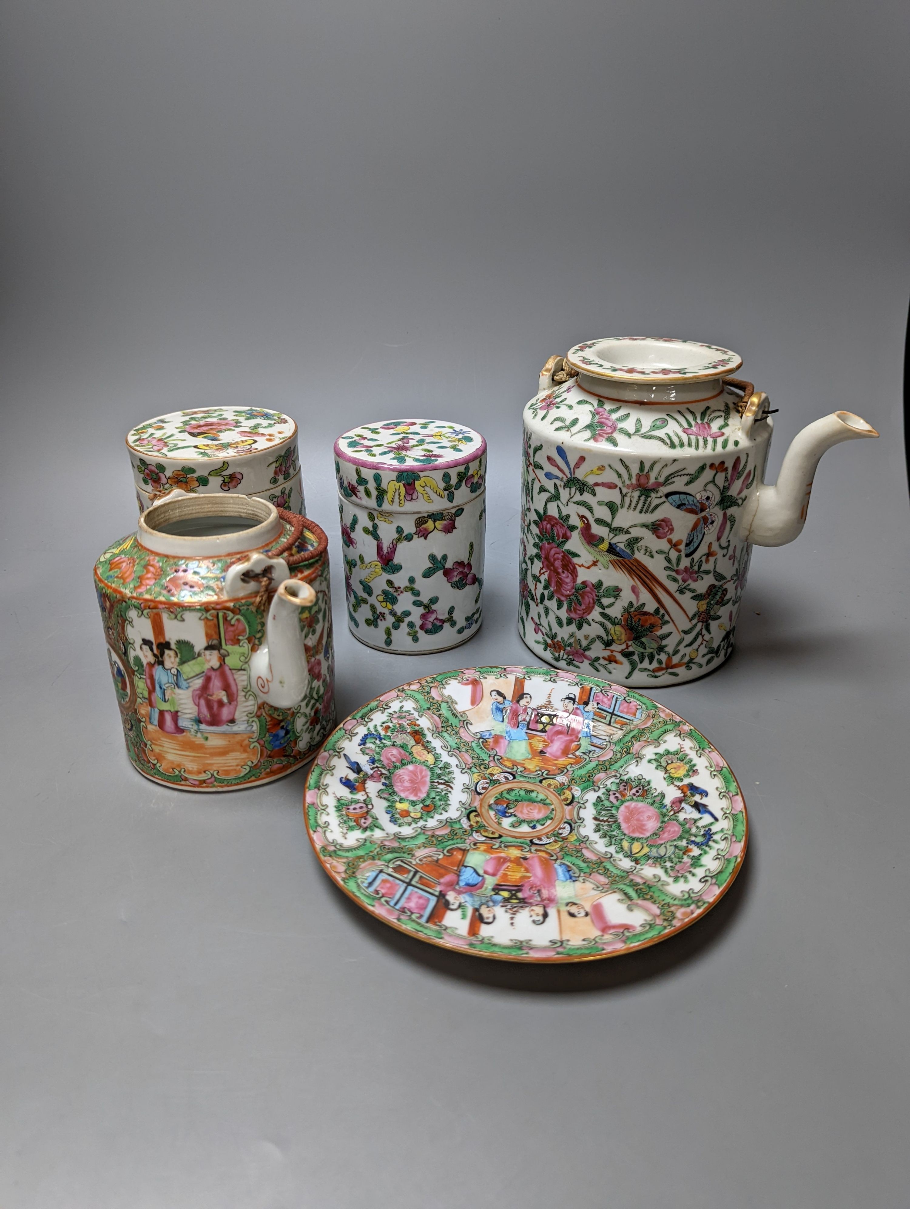 A group of 19th/20th century Chinese famille rose tea pots, plates, boxes and covers and a dish